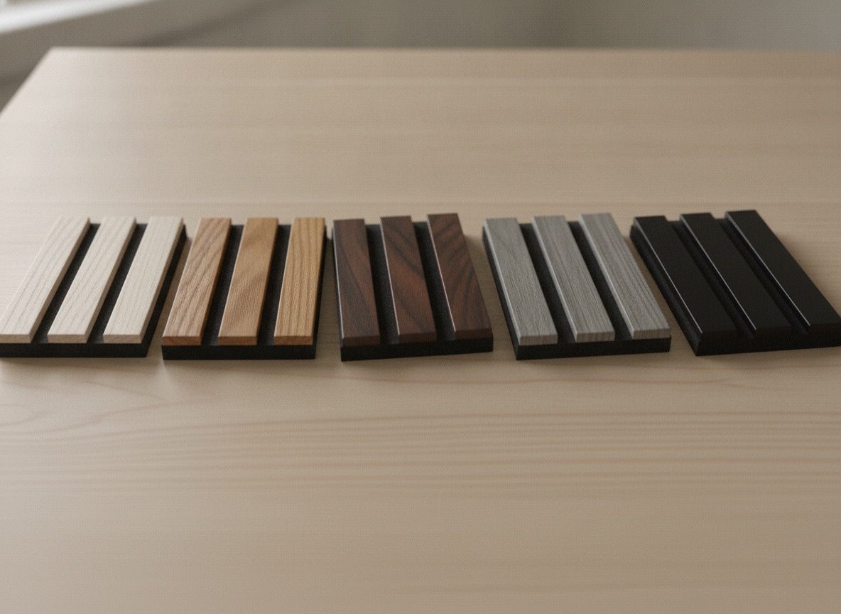Max Media Walls sample kit — five 3-slat wood finish offcuts, 1 inch slats