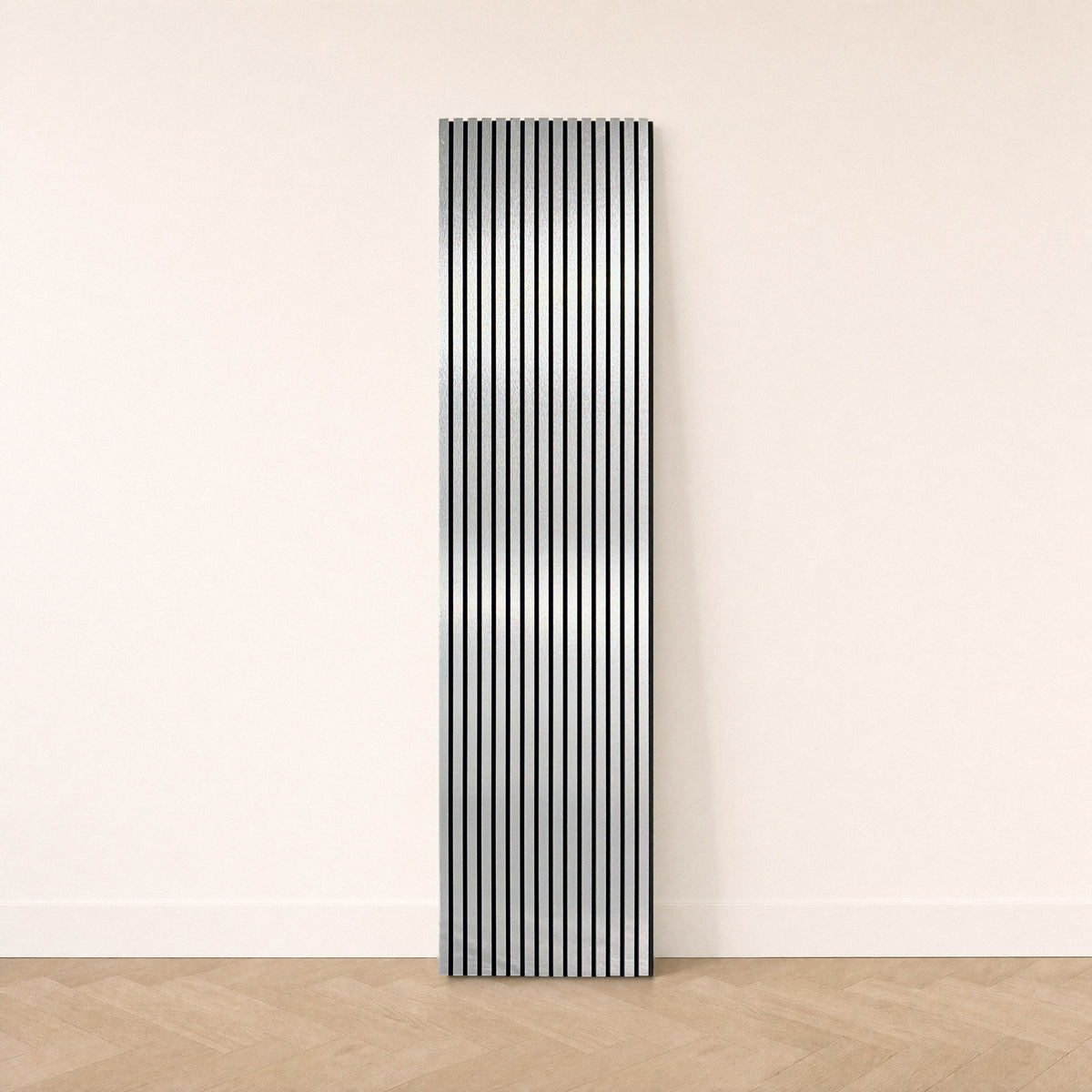 Brushed Silver acoustic slat wall panel, full panel against a wall
