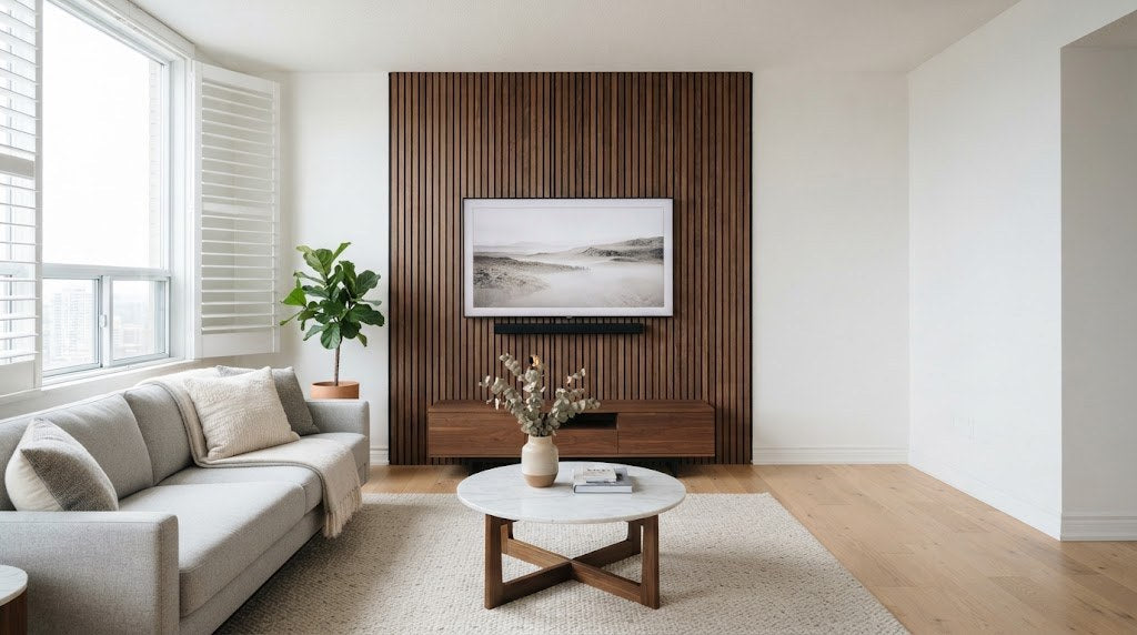 Design render: walnut slat wall, floor to ceiling, with a mounted TV and soundbar