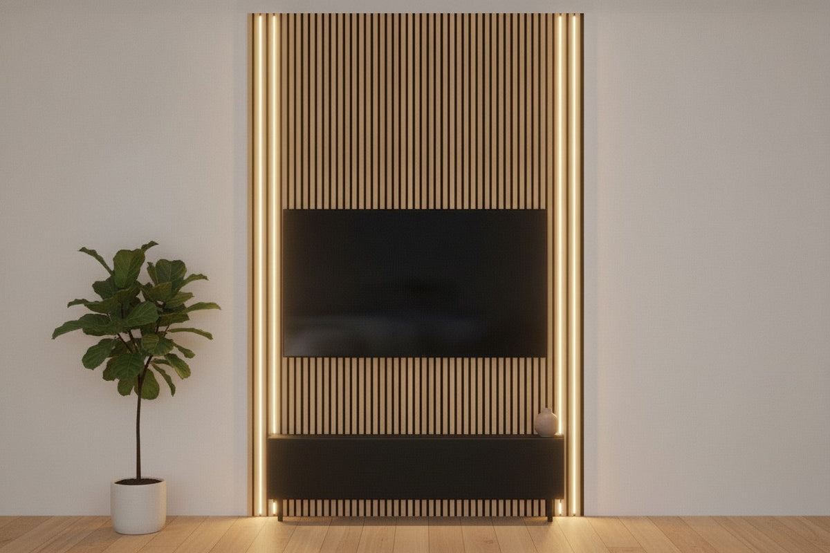 Three oak acoustic slat panels (6 ft wide) behind a wall-mounted TV, with four warm-white LED strips glowing in the felt gaps